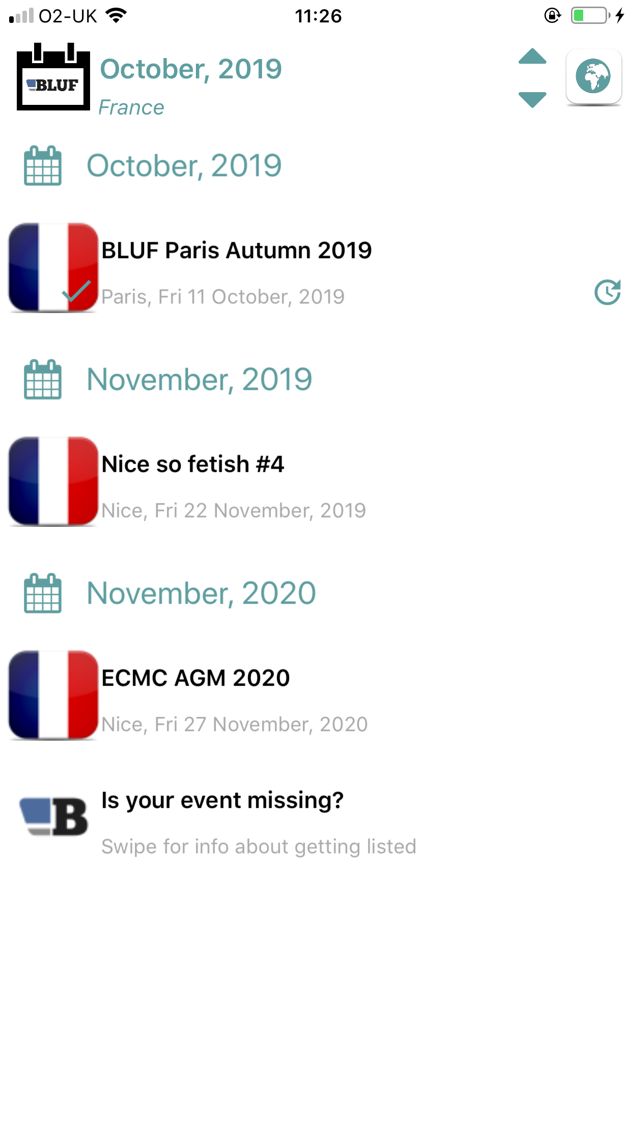BLUF event list, filtered